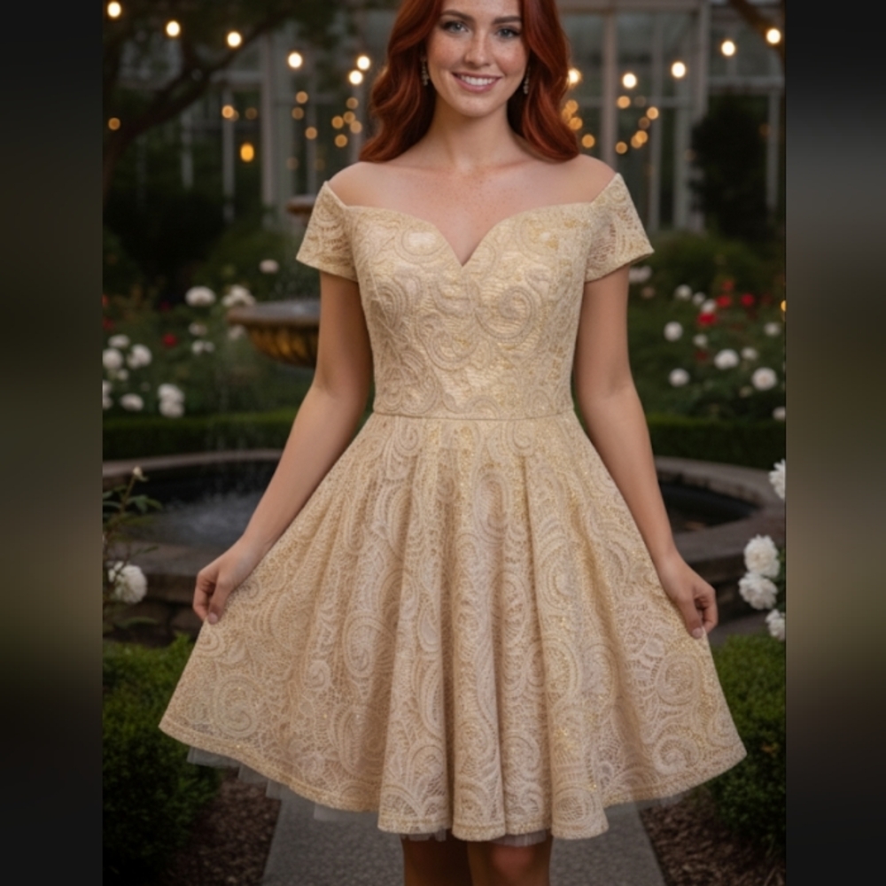 NWT B.Smart Lace Sweetheart Off-Shoulder Champagne Sparkly Formal Mini Dress, 9